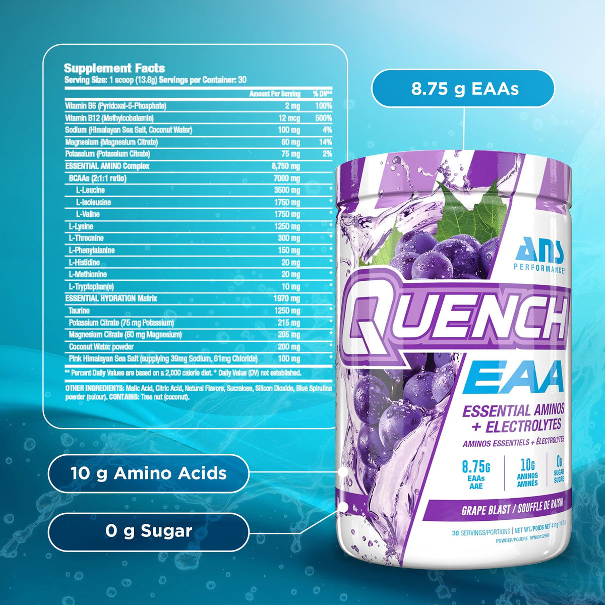 Mélange d'ANS Performance Quench EAA dans un verre avec de l'eau