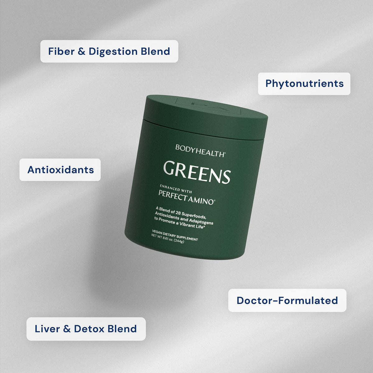 Mélange de BodyHealth Greens Poudre Superaliment au Goût Pomme Verte dans un verre