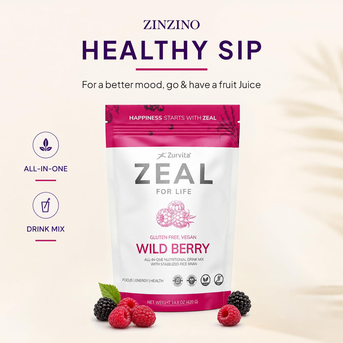 Mélange de boisson bien-être Zurvita Zeal for Life sur une table