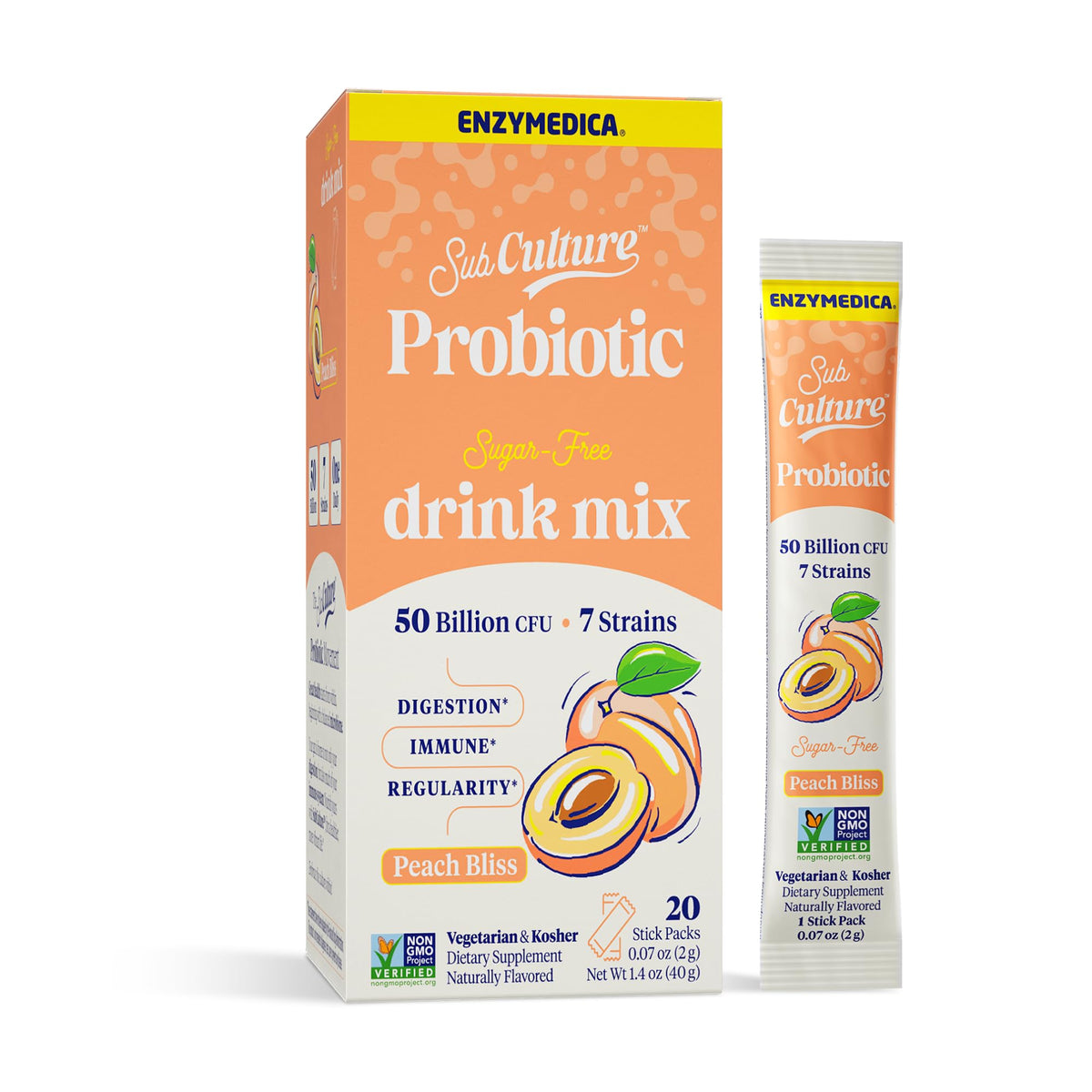 Mélange de boisson probiotique Enzymedica SubCulture Pêche, sachets individuels