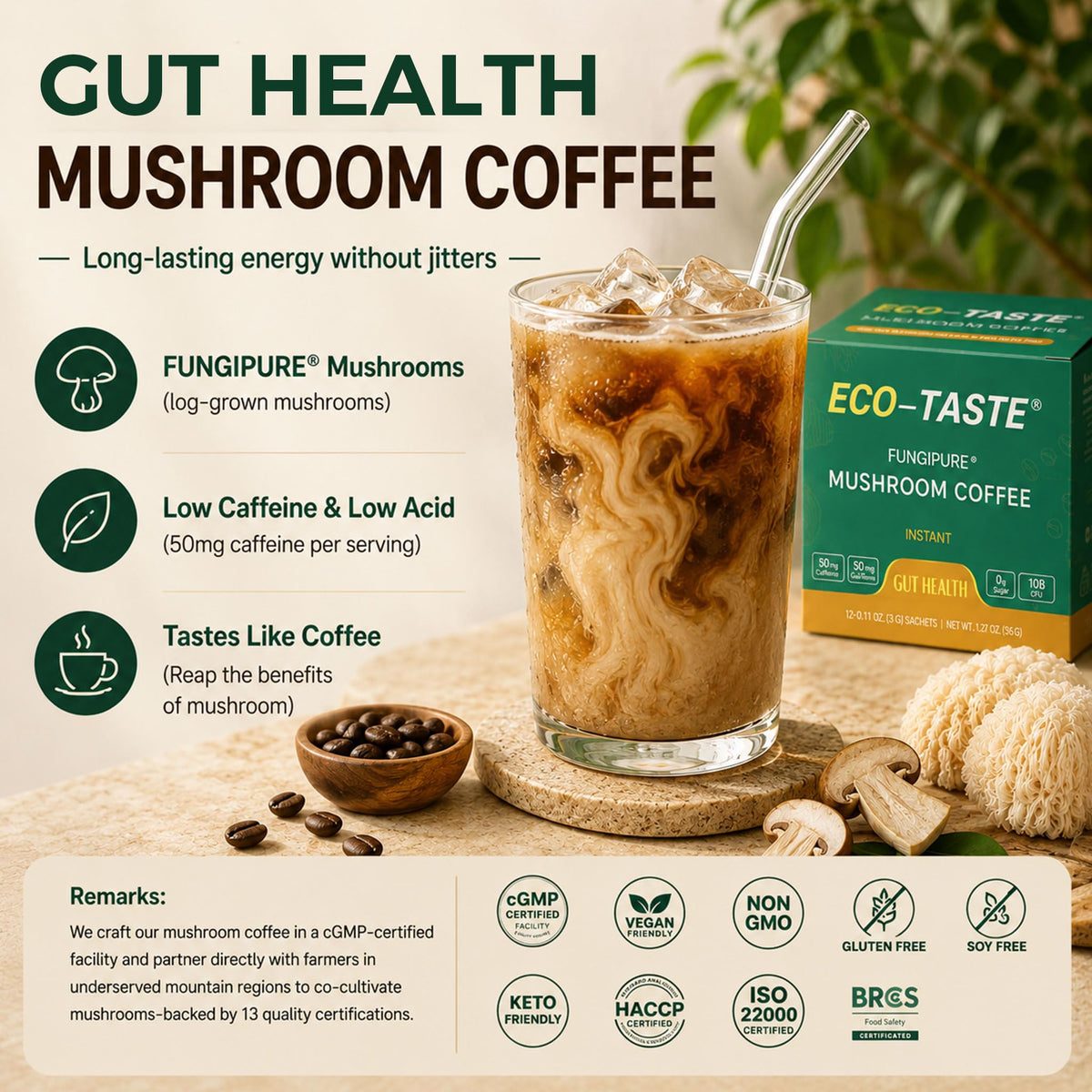 Mélange de Café aux Champignons ECO-TASTE sur une table