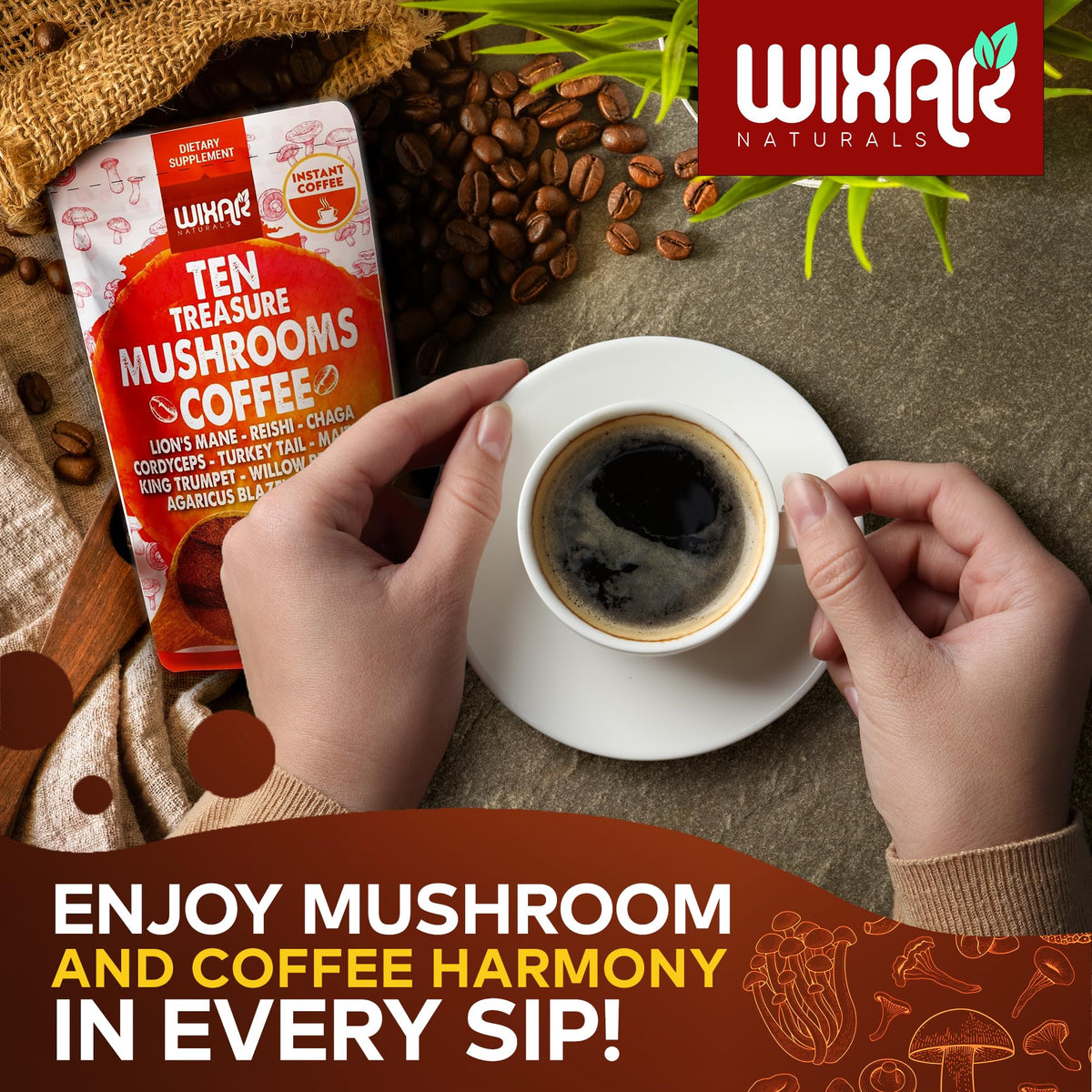 Mélange de café aux champignons WIXAR NATURALS avec une cuillère