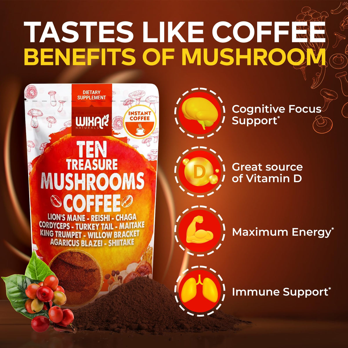 Mélange de café aux champignons WIXAR NATURALS sur une table