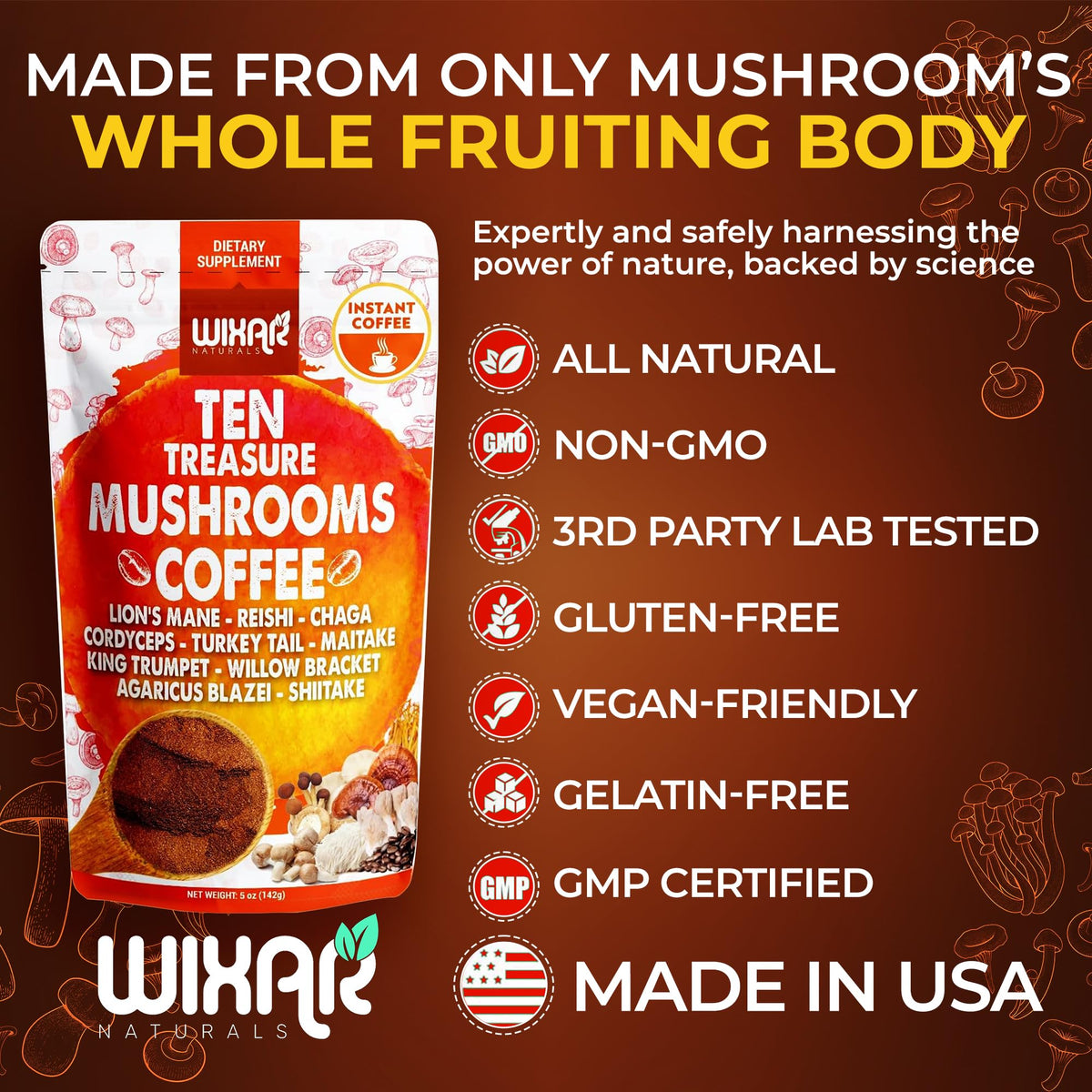 Mélange de café WIXAR NATURALS avec des champignons visibles