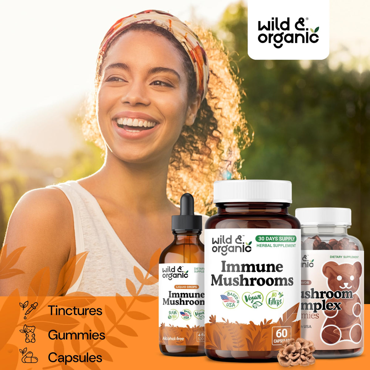 Mélange de champignons dans un bol avec des capsules Wild & Organic