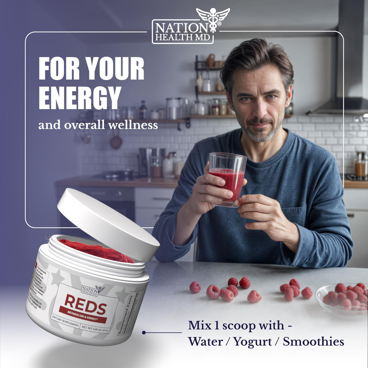Mélange de la poudre de superaliments rouges NATION HEALTH MD dans un bol