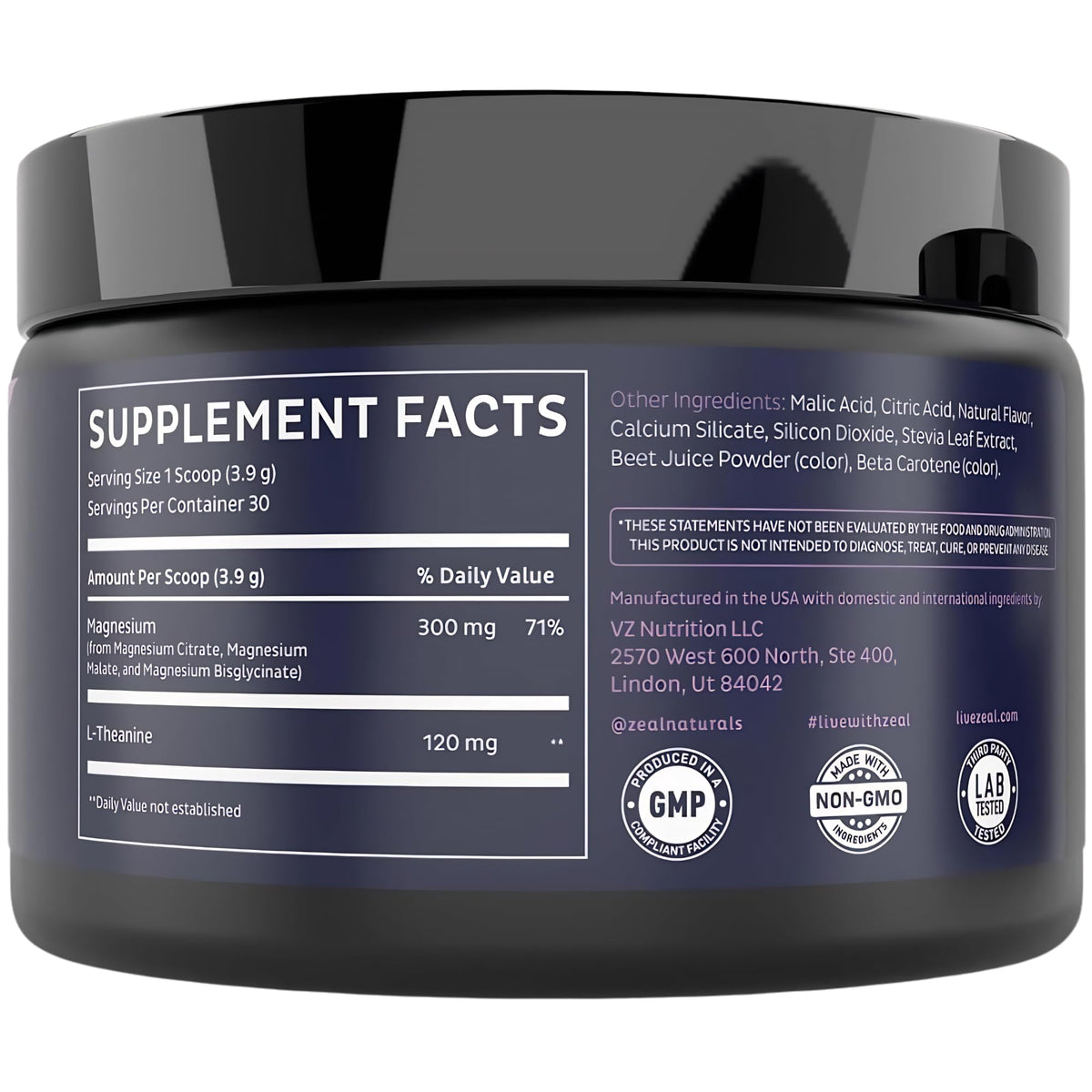 Mélange de magnésium Zeal Naturals, ingrédients sur l'emballage