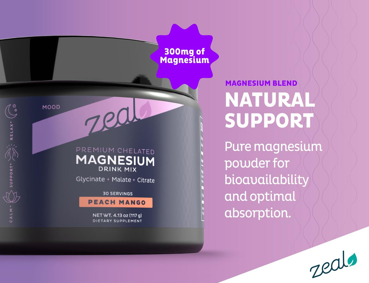 Mélange de magnésium Zeal Naturals Pêche Mangue, dos de l'emballage