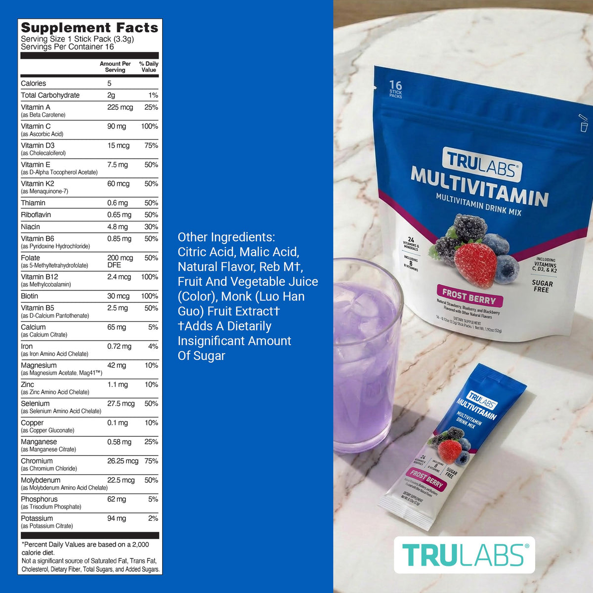 Mélange de Multivitamines TRULABS, poudre dans un verre d'eau