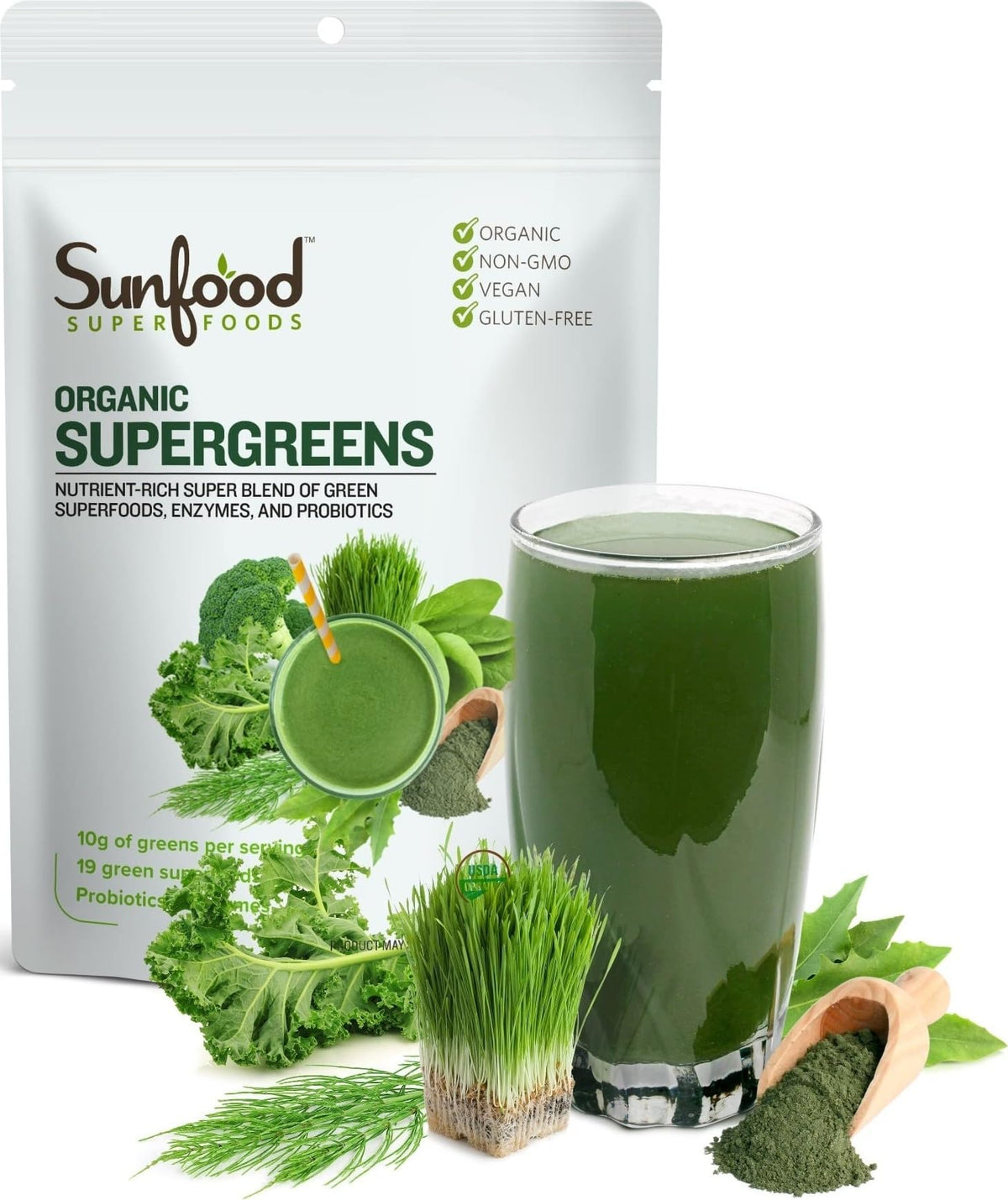 Mélange de Supergreens Bio Sunfood 240g, vue avant du paquet