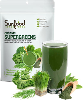 Mélange de Supergreens Bio Sunfood 240g, vue avant du paquet