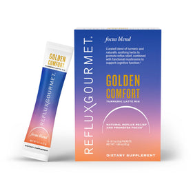 Mélange Golden Comfort REFLUX GOURMET sachets devant une tasse de lait chaud