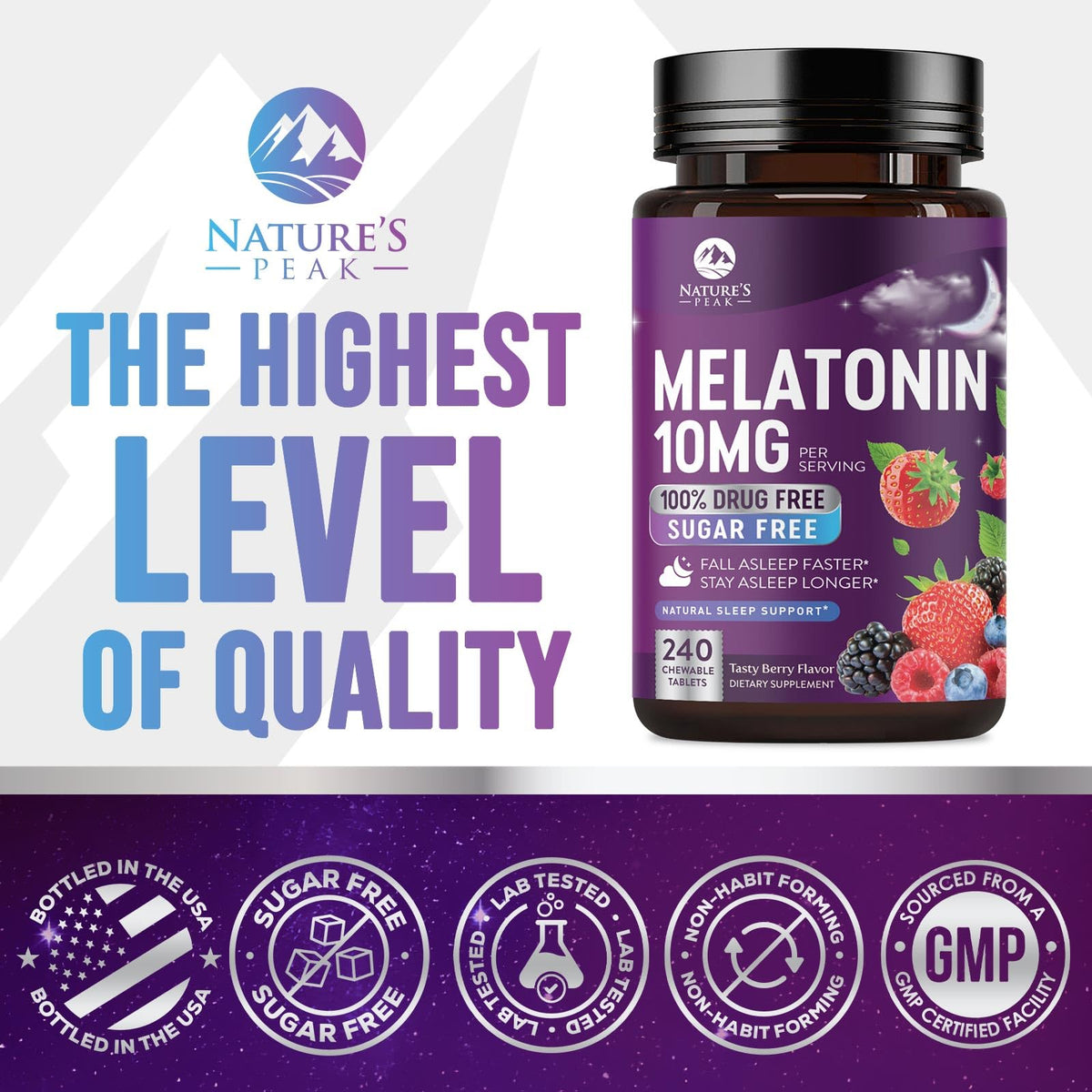 Mélatonine 10mg Nature's Peak à côté d'une tasse de thé