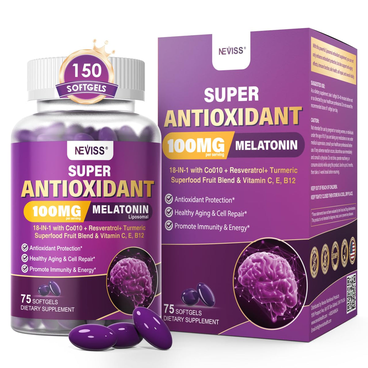 Mélatonine NEVISS 100mg gélules de 150 en emballage