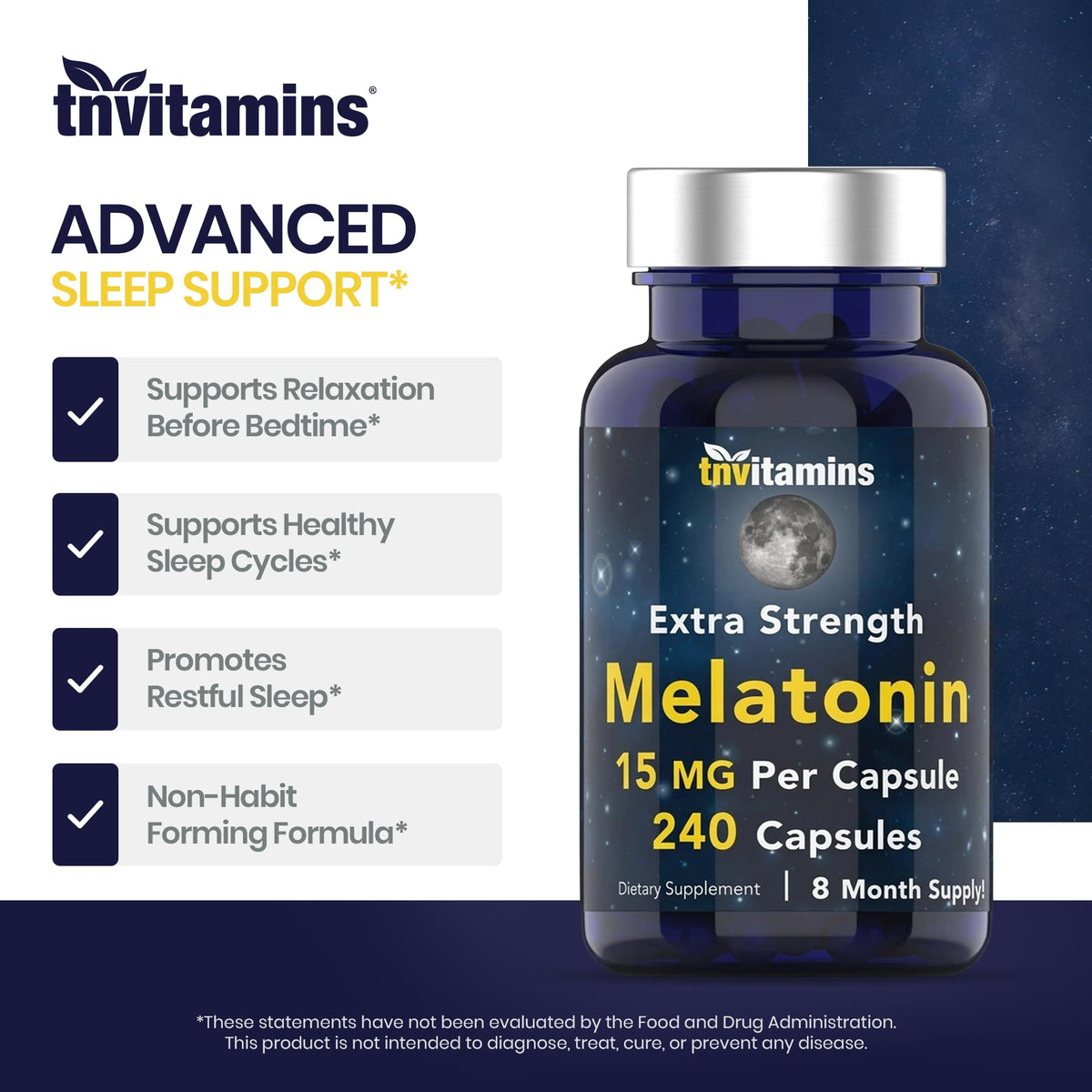 Mélatonine tnvitamins 15 MG, capsules ouvertes montrant la taille