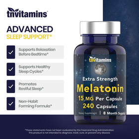 Mélatonine tnvitamins 15 MG, capsules ouvertes montrant la taille