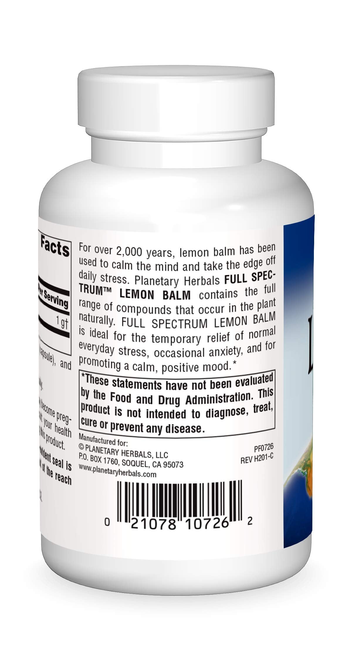 Mélisse Complète 500 Mg Planetary Herbals, vue arrière du flacon
