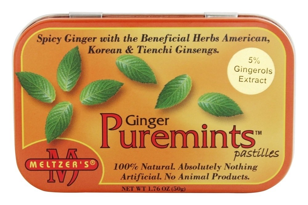 Meltzer's Puremints Gingembre pastilles sur une surface blanche