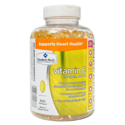 MEMBER'S MARK Vitamine E 400 IU 500 gélules, vue de face