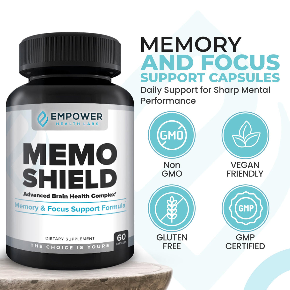 MemoShield capsules sur une table avec des ingrédients naturels