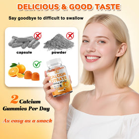 Menkru Gummies Calcium Citrate 1200 mg avec un verre d'eau et des fruits