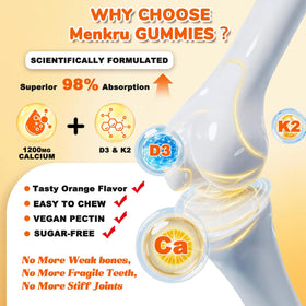 Menkru Gummies Calcium Citrate 1200 mg sur une table avec d'autres suppléments