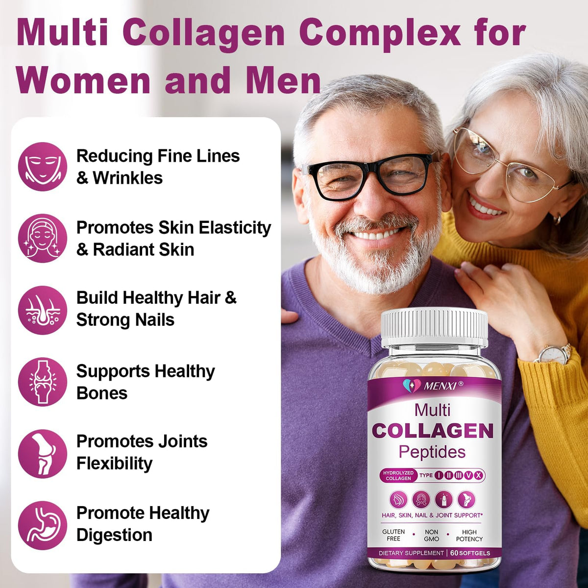 MENXI Multi Collagen Peptides Softgel avec gélules montrées en gros plan