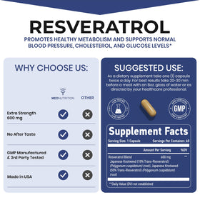 Meo Nutrition Resveratrol 600mg 60 capsules avec dosage sur étiquette