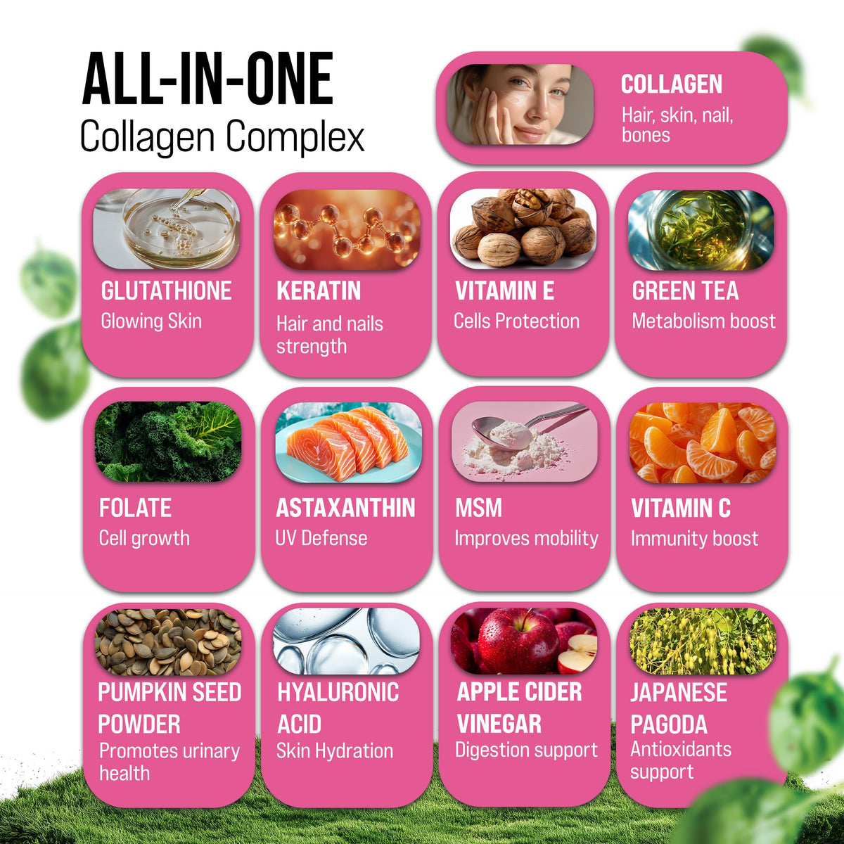 MERRY VITA Collagène, capsules à côté de fruits et légumes