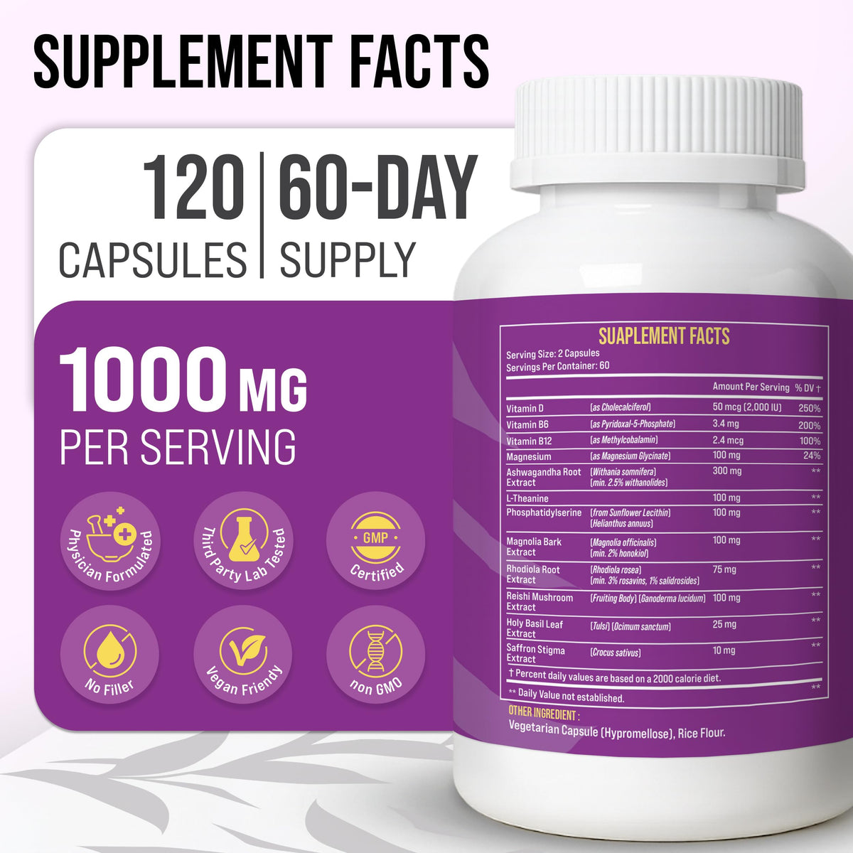 MERRY VITA Complément Alimentaire Cortisol 120 Capsules Végétales avec étiquette