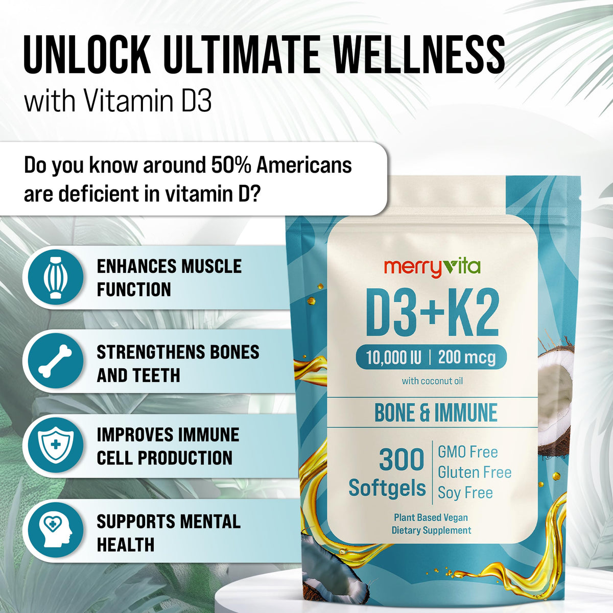 MERRY VITA D3 K2 gélules, dosage de 10 000 UI D3 et 200 MCG K2
