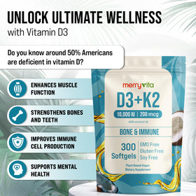 MERRY VITA D3 K2 gélules, dosage de 10 000 UI D3 et 200 MCG K2