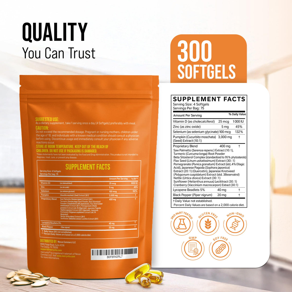 MERRY VITA Huile de Pépin de Citrouille 3000mg gélules sur une table