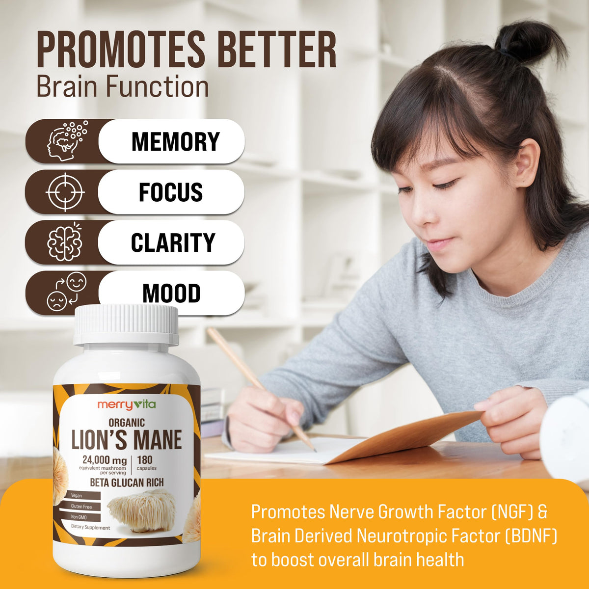 MERRY VITA Lion’s Mane bouteille et capsules sur une table