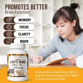 MERRY VITA Lion’s Mane bouteille et capsules sur une table