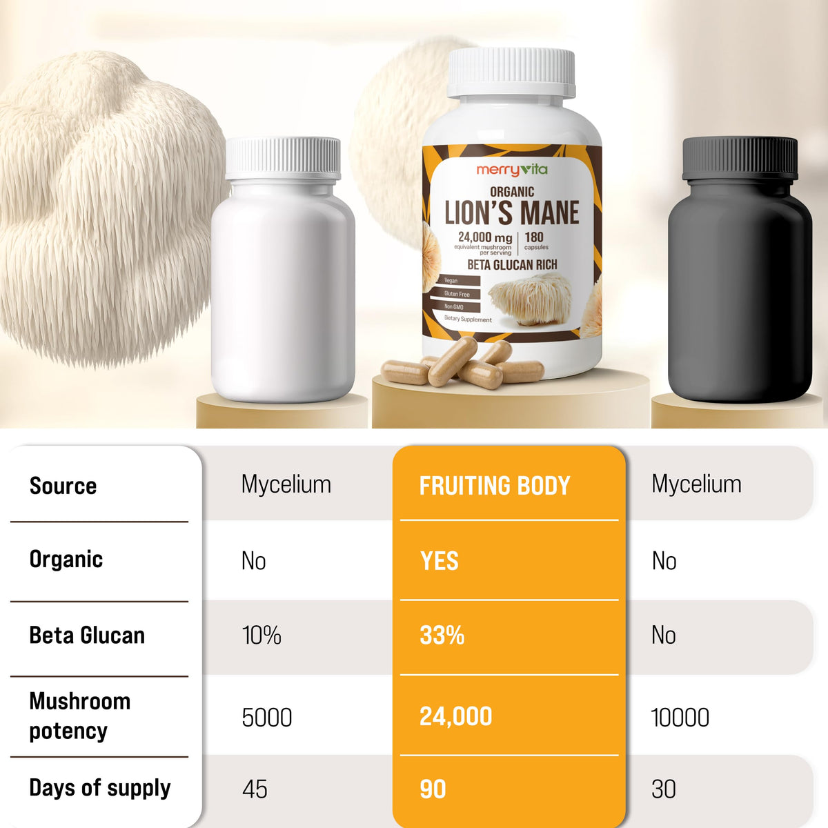 MERRY VITA Lion’s Mane capsules avec des champignons frais