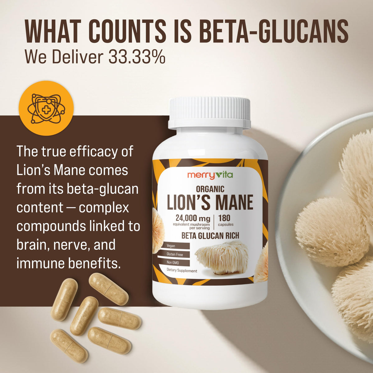 MERRY VITA Lion’s Mane capsules avec un verre d'eau
