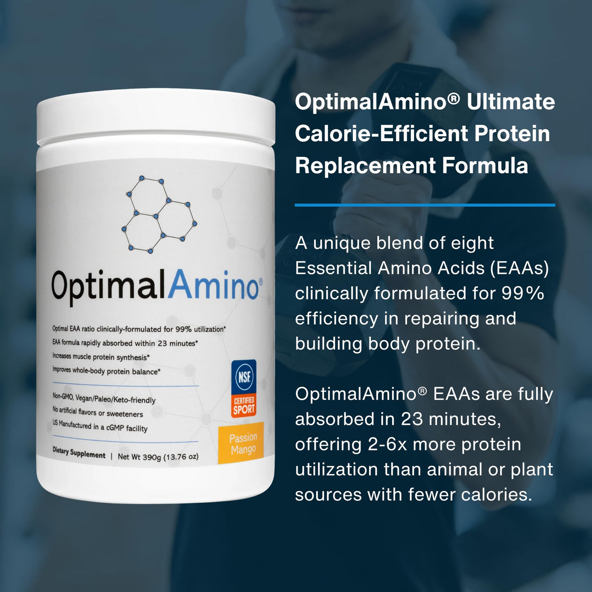 Mesure de 13 g de poudre d'acides aminés OptimalAmino sur une cuillère.
