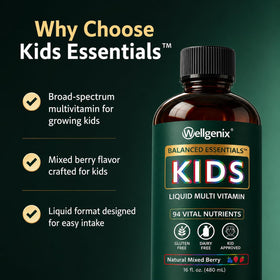 Mesure de 15 ml de multivitamines Wellgenix pour enfants sur une cuillère