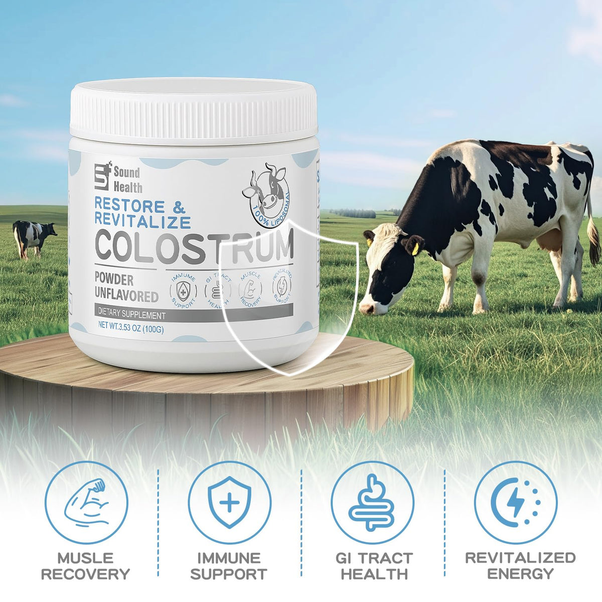 Mesure de 2 g de poudre de colostrum bovin dans un verre d'eau