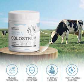 Mesure de 2 g de poudre de colostrum bovin dans un verre d'eau