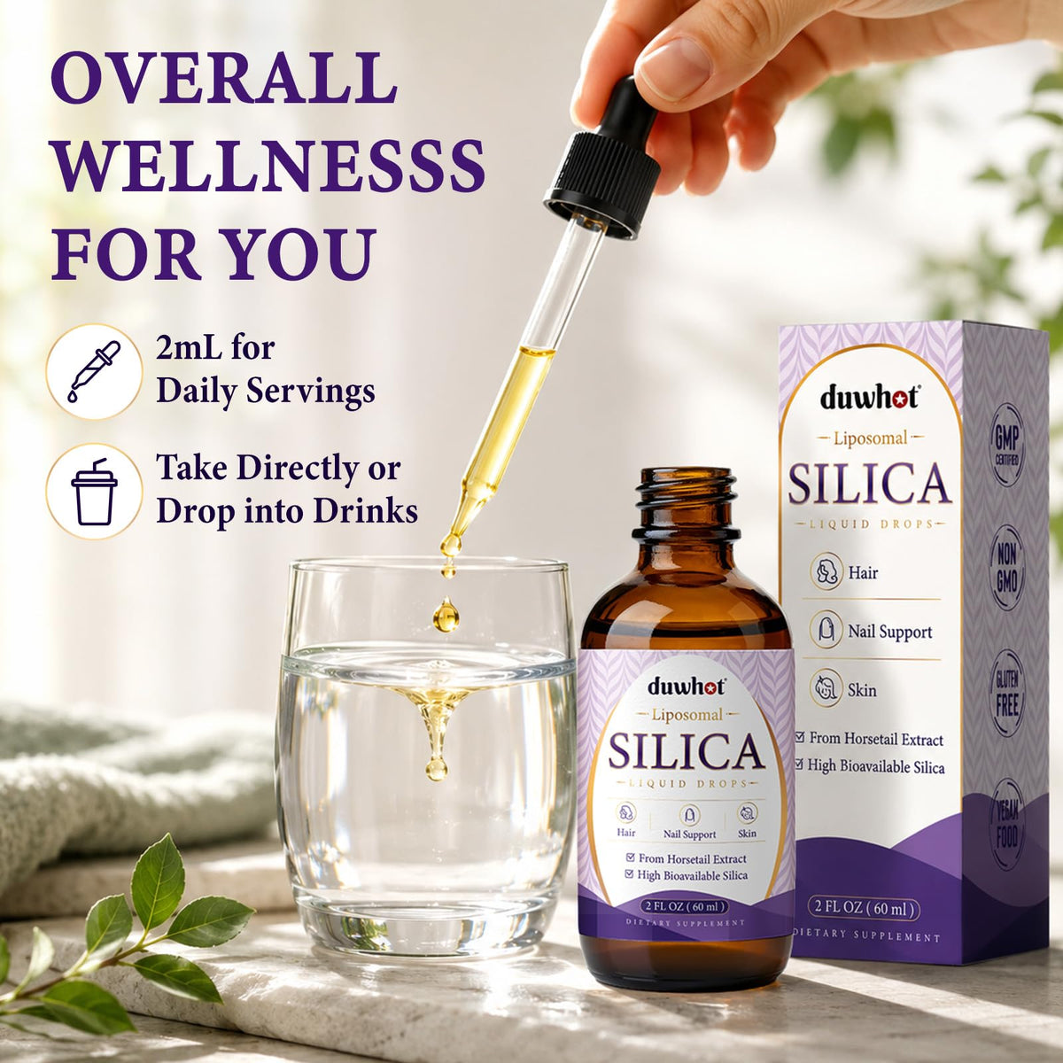 Mesure de 2 ml du complément silice liquide liposomale duwhot