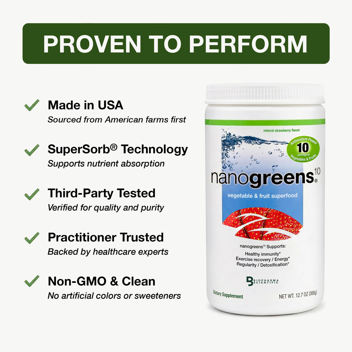 Mesure de poudre de superfood NanoGreens dans un verre d'eau