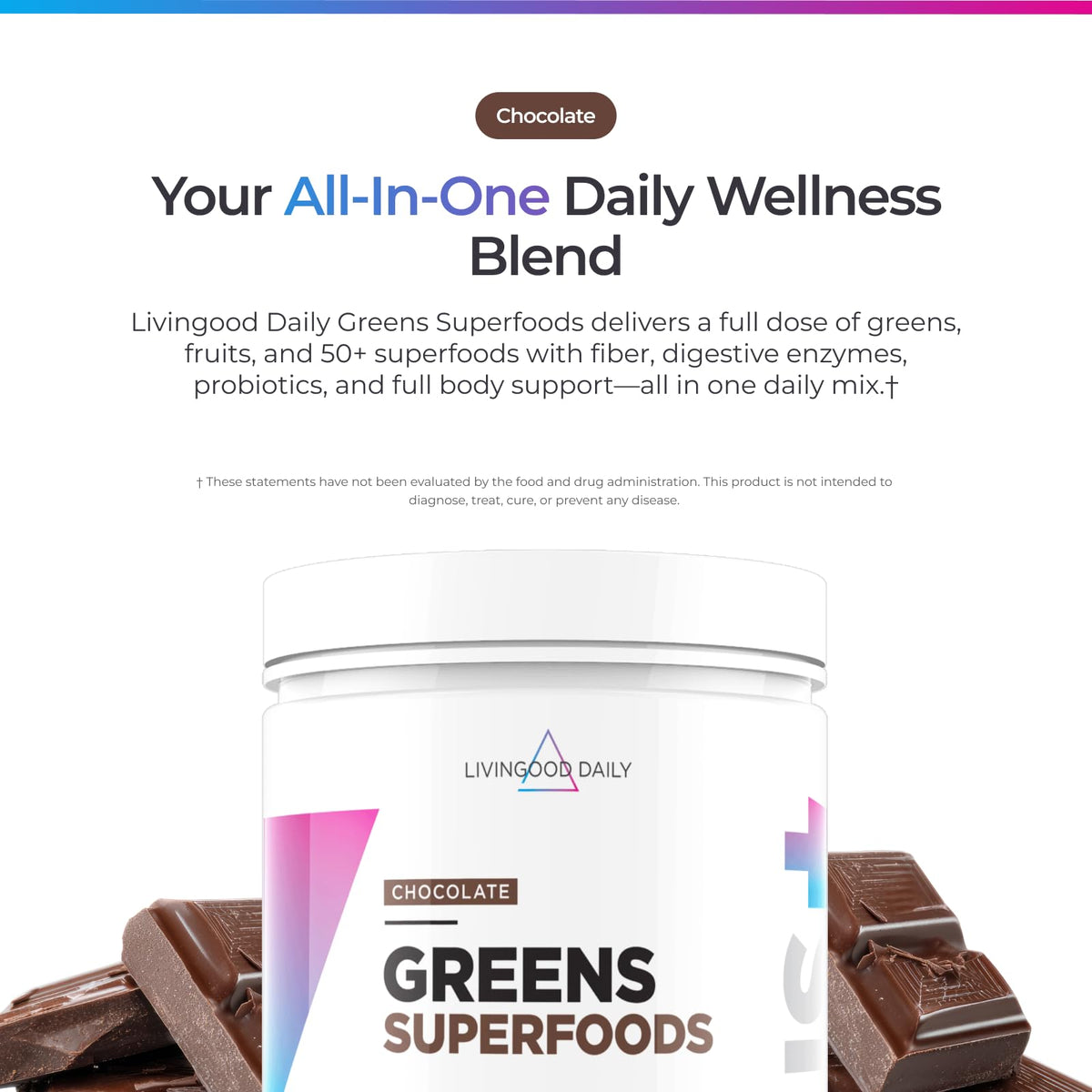 Mesure de poudre Livingood Daily 50+ Greens au chocolat dans un verre d'eau