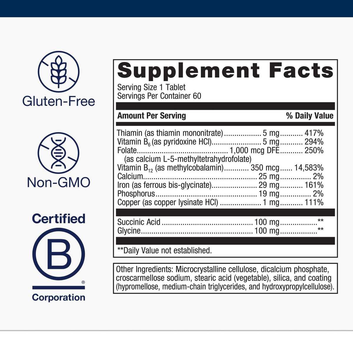 Metagenics Complément Alimentaire Fer B12 B6 Folate 60 Comprimés sur fond blanc