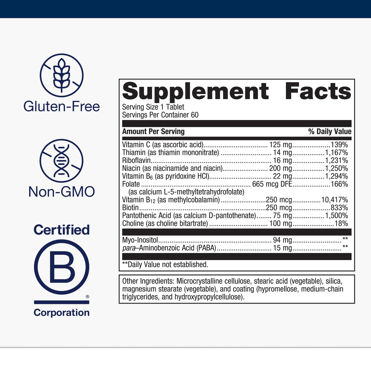 Metagenics complexe de vitamines B 60 comprimés ouvert avec une vue intérieure