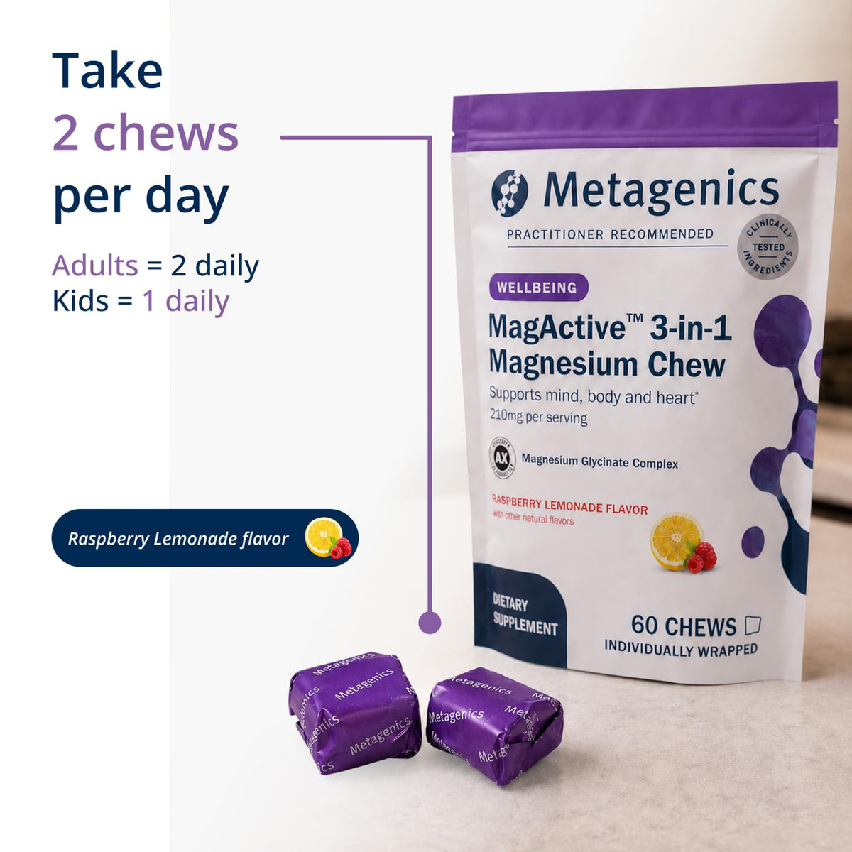 Metagenics MagActive sur une table avec d'autres compléments