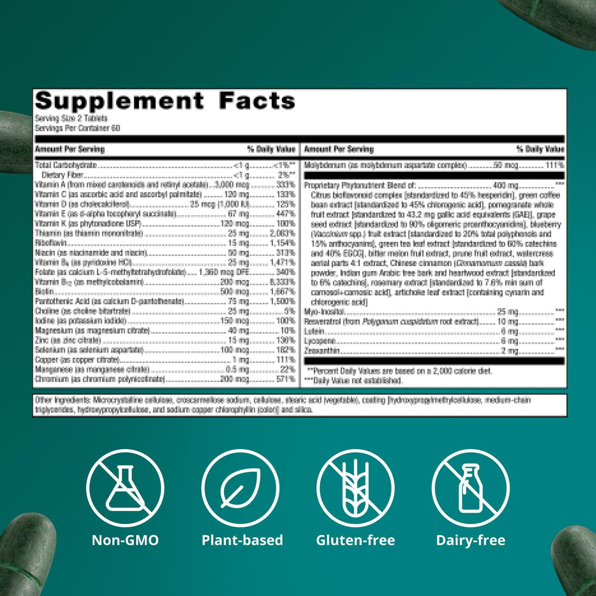Metagenics PhytoMulti Multivitamine Sans Fer 120 Comprimés avec un verre d'eau