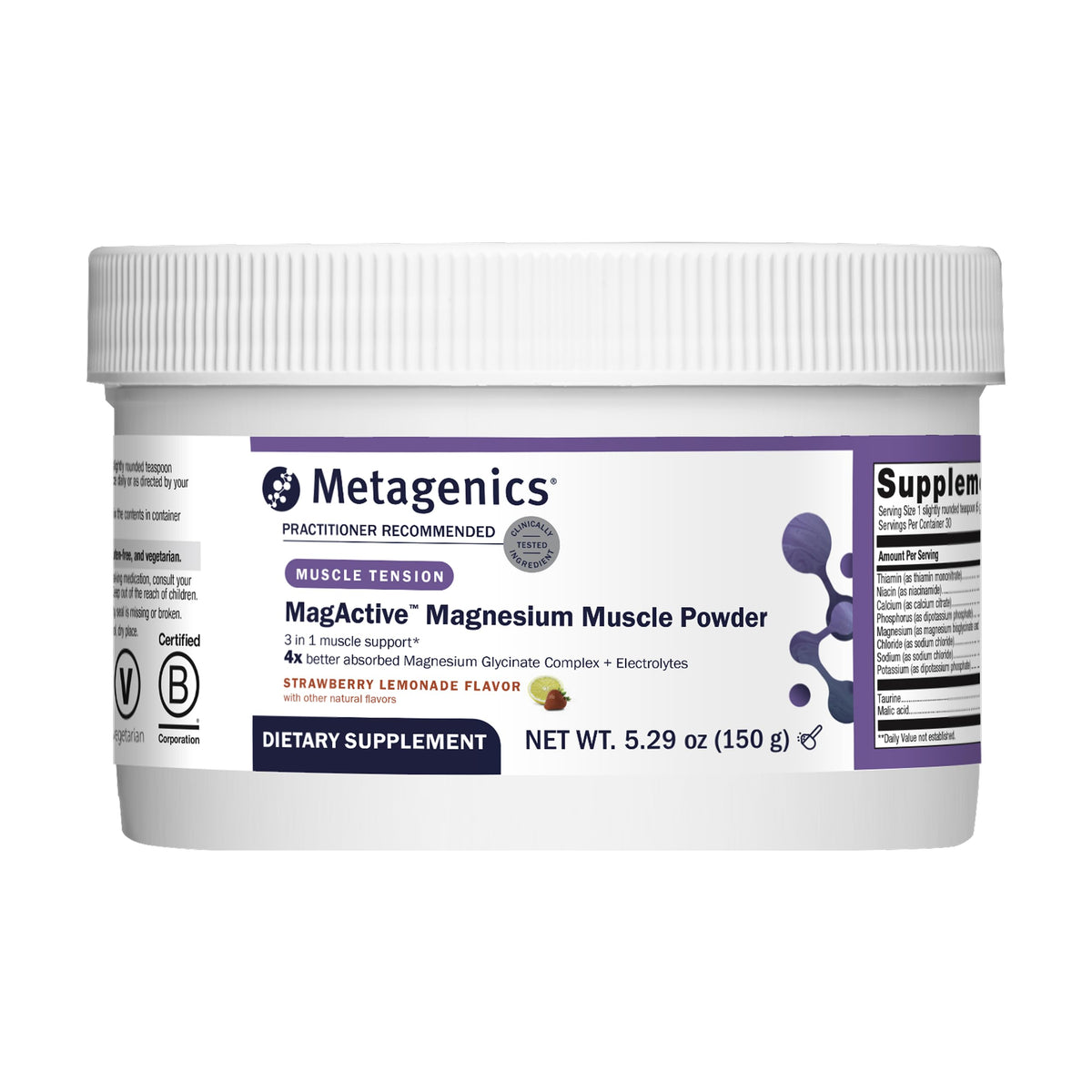 Metagenics Poudre de Magnésium MagActive 150 g Saveur Citron Fraise vue de face