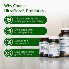 Metagenics UltraFlora Spectrum capsules à côté d'un verre d'eau